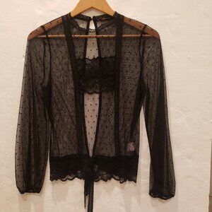 Hesperus Sheer Black Blouse with Open Tie Back Size Large Juniors